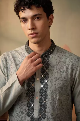 Light green color silk fabric designer embroidery work ceremonial kurta payjama for men's
