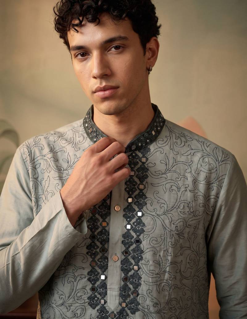Light green color silk fabric designer embroidery work ceremonial kurta payjama for men's