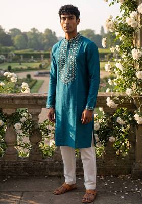 Teal color roman silk fabric designer embroidery work ceremonial kurta payjama for men's 1