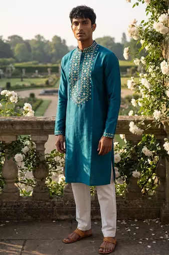 Teal color roman silk fabric designer embroidery work ceremonial kurta payjama for men's