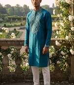 Teal color roman silk fabric designer embroidery work ceremonial kurta payjama for men's