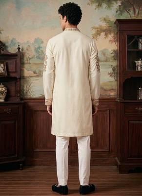 White color imported lachka fabric designer embroidery work ceremonial kurta payjama for men's 2