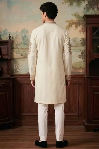 White color imported lachka fabric designer embroidery work ceremonial kurta payjama for men's