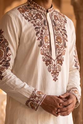 White color imported lachka fabric designer embroidery work ceremonial kurta payjama for men's 3