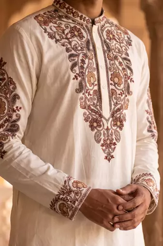 White color imported lachka fabric designer embroidery work ceremonial kurta payjama for men's