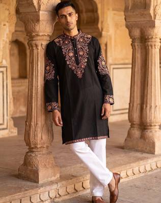 Black color imported lachka fabric designer embroidery work ceremonial kurta payjama for men's 1