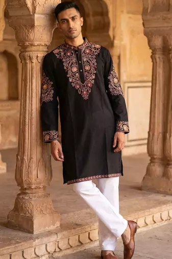 Black color imported lachka fabric designer embroidery work ceremonial kurta payjama for men's