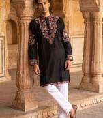 Black color imported lachka fabric designer embroidery work ceremonial kurta payjama for men's