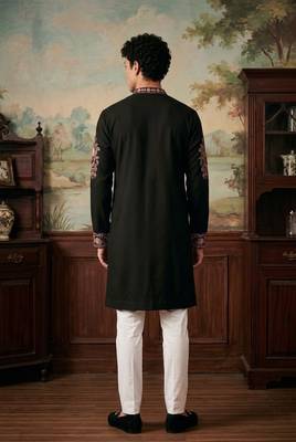 Black color imported lachka fabric designer embroidery work ceremonial kurta payjama for men's 2
