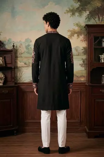 Black color imported lachka fabric designer embroidery work ceremonial kurta payjama for men's