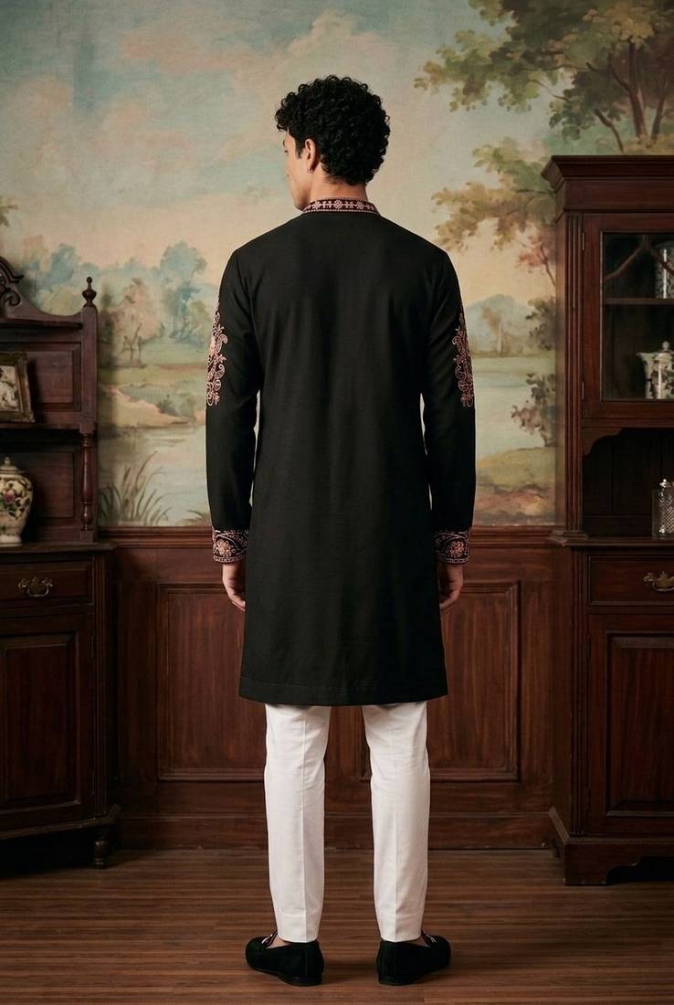 Black color imported lachka fabric designer embroidery work ceremonial kurta payjama for men's