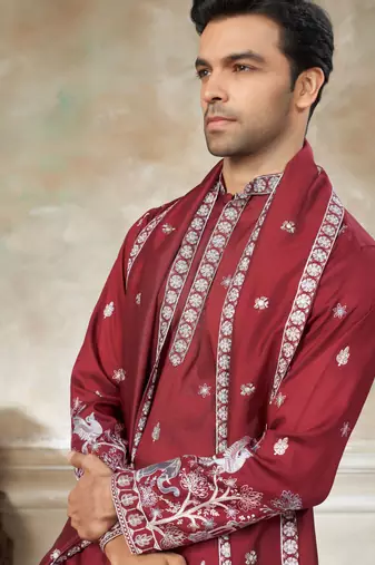 Red color graceful heavy ceremonial attire for men's fancy looks