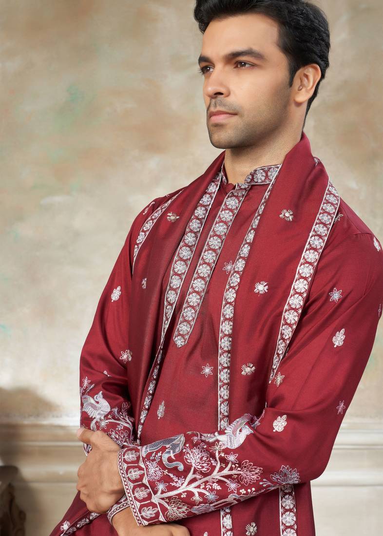 Red color graceful heavy ceremonial attire for men's fancy looks
