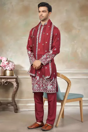 Red color graceful heavy ceremonial attire for men's fancy looks
