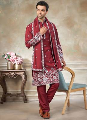 Red color graceful heavy ceremonial attire for men's fancy looks 5
