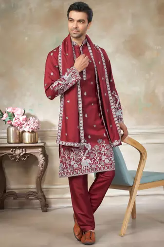 Red color graceful heavy ceremonial attire for men's fancy looks