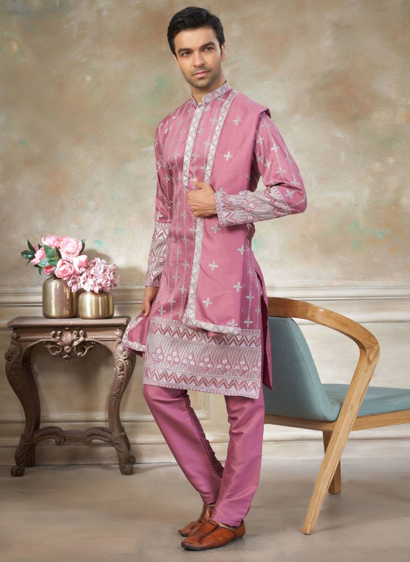 Pink color graceful heavy ceremonial attire for men's fancy looks