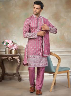 Pink color graceful heavy ceremonial attire for men's fancy looks 5