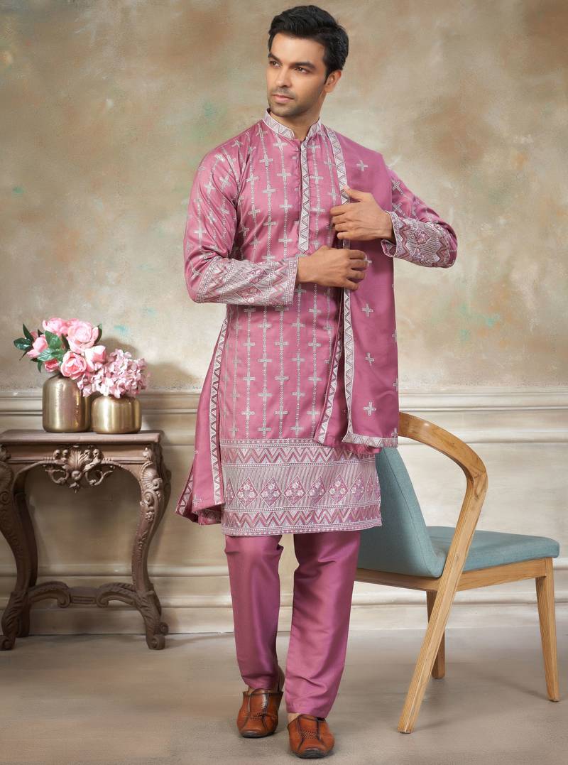 Pink color graceful heavy ceremonial attire for men's fancy looks
