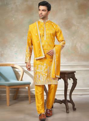 Yellow color graceful heavy ceremonial attire for men's fancy looks 1