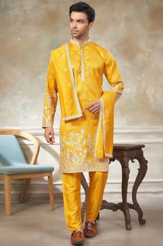 Yellow color graceful heavy ceremonial attire for men's fancy looks
