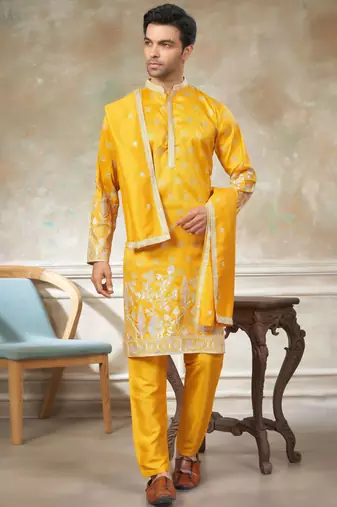 Yellow color graceful heavy ceremonial attire for men's fancy looks