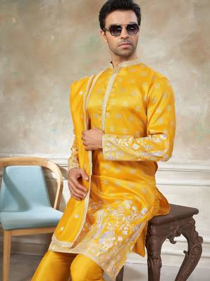Yellow color graceful heavy ceremonial attire for men's fancy looks 3