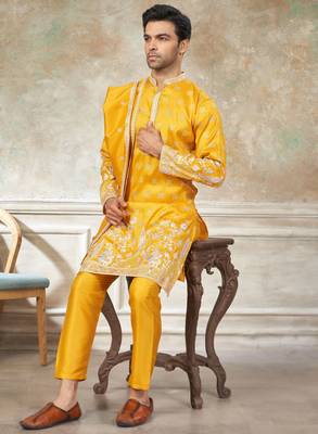 Yellow color graceful heavy ceremonial attire for men's fancy looks 4