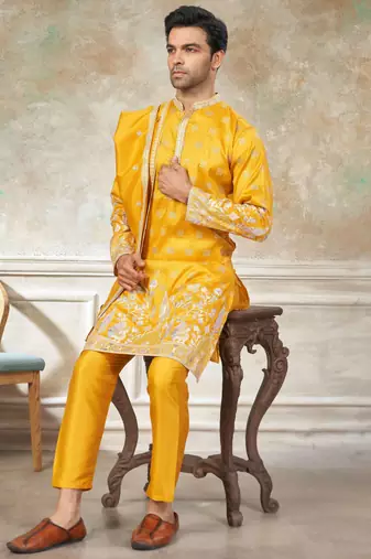 Yellow color graceful heavy ceremonial attire for men's fancy looks