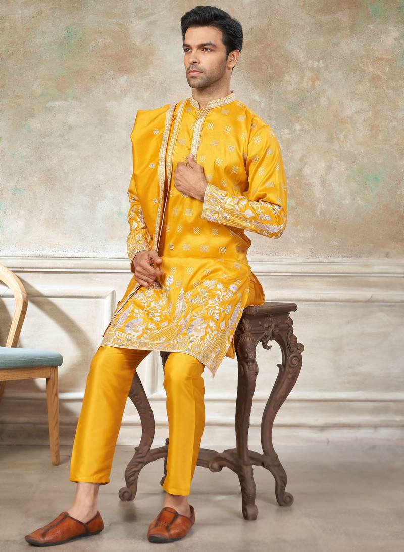 Yellow color graceful heavy ceremonial attire for men's fancy looks