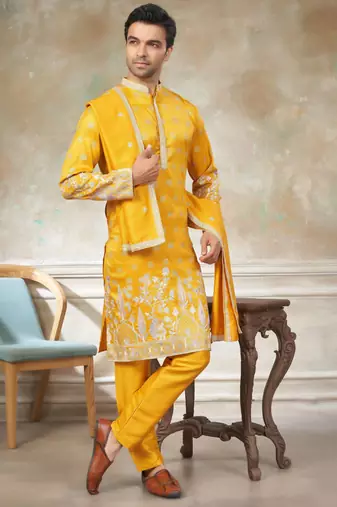 Yellow color graceful heavy ceremonial attire for men's fancy looks