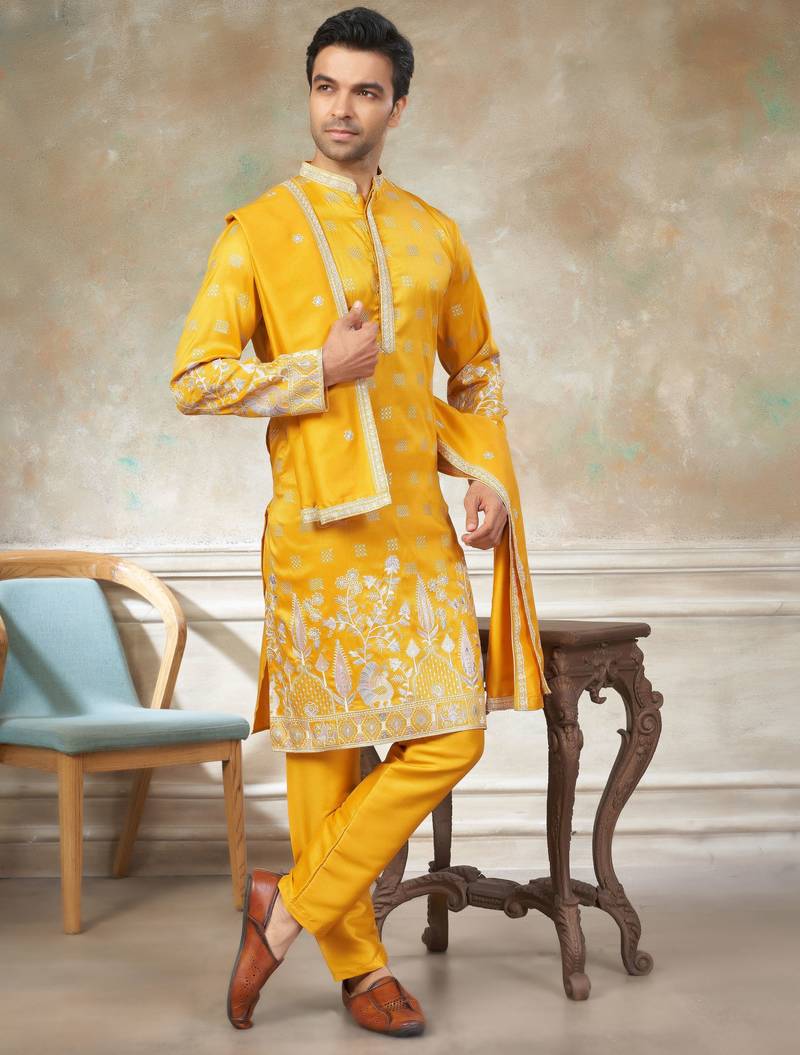 Yellow color graceful heavy ceremonial attire for men's fancy looks
