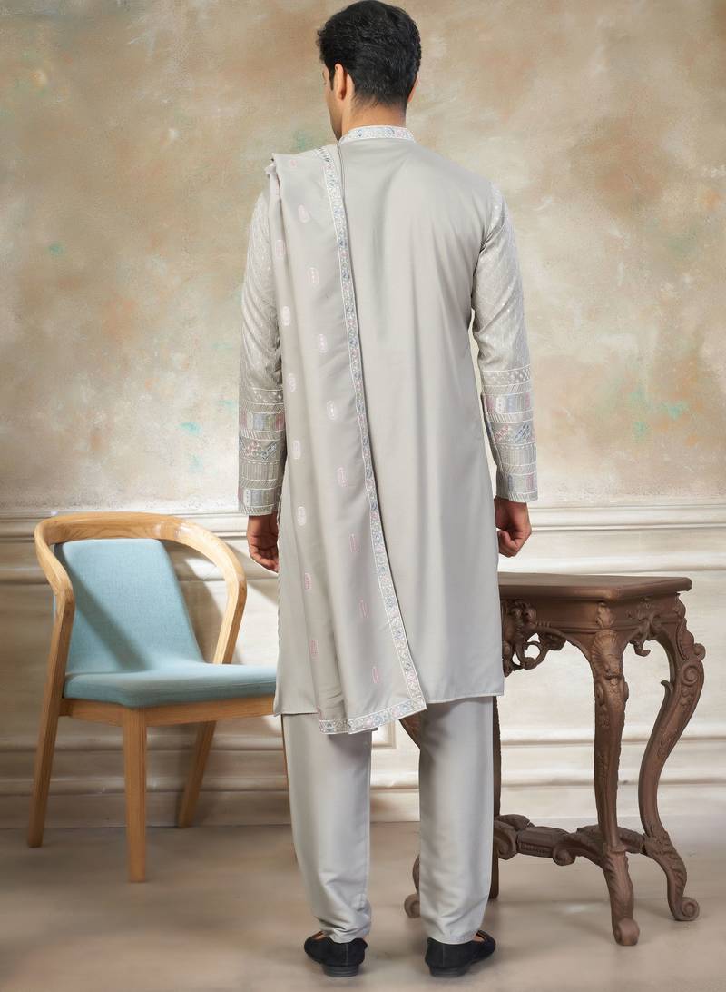 Grey color graceful heavy ceremonial attire for men's fancy looks