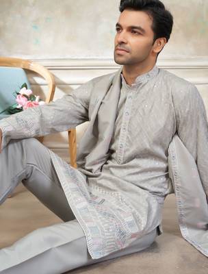 Grey color graceful heavy ceremonial attire for men's fancy looks 3