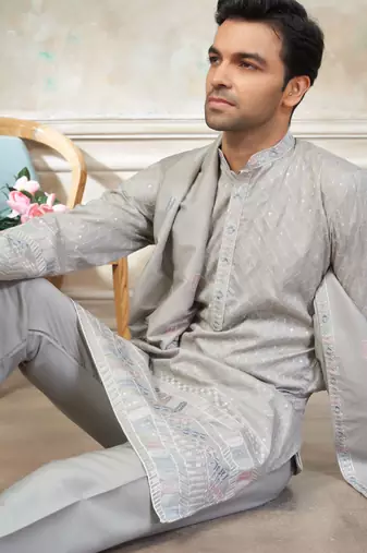 Grey color graceful heavy ceremonial attire for men's fancy looks