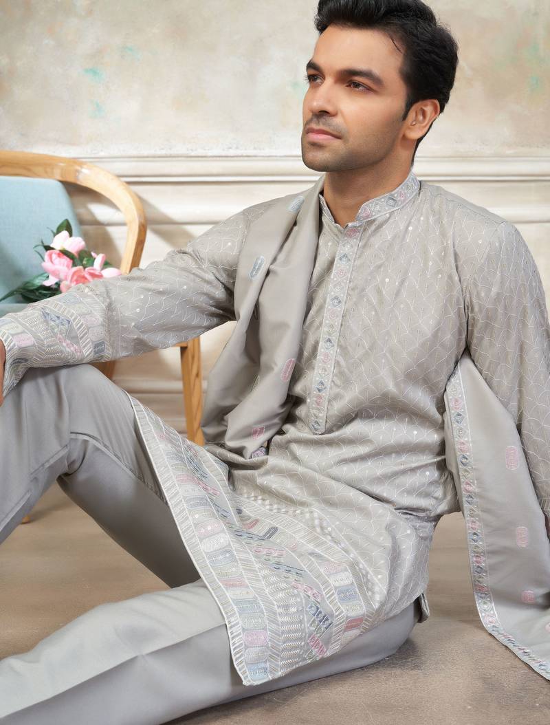 Grey color graceful heavy ceremonial attire for men's fancy looks