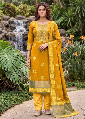 mustard banarasi cotton smart ceremonial salwar kameez 1