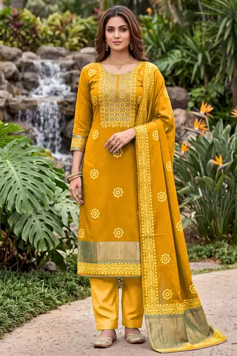 mustard banarasi cotton smart ceremonial salwar kameez
