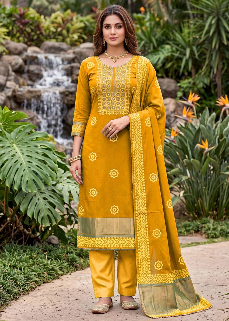 mustard banarasi cotton smart ceremonial salwar kameez