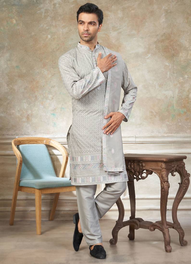 Grey color graceful heavy ceremonial attire for men's fancy looks