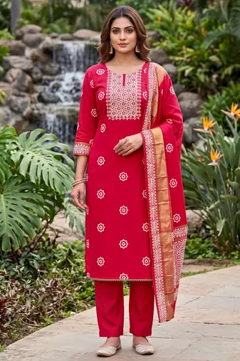 red banarasi cotton smart ceremonial salwar kameez