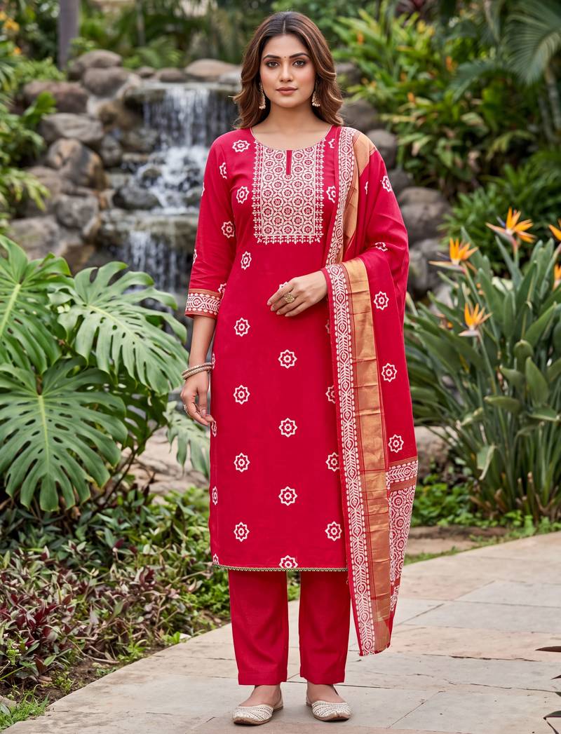 red banarasi cotton smart ceremonial salwar kameez