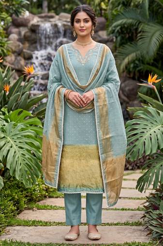 blue banarasi cotton smart ceremonial salwar kameez