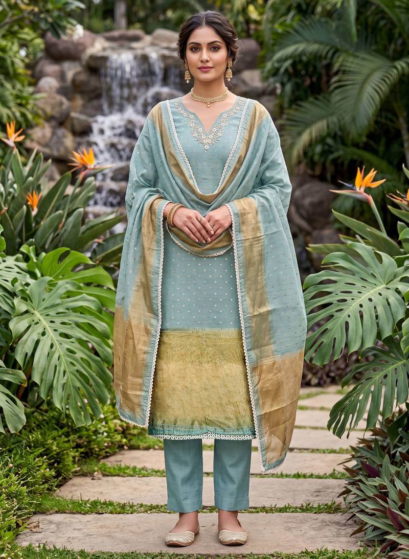 blue banarasi cotton smart ceremonial salwar kameez