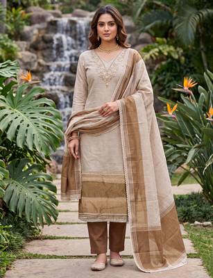 brown banarasi cotton smart ceremonial salwar kameez 1
