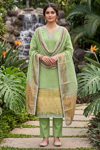 green banarasi cotton smart ceremonial salwar kameez
