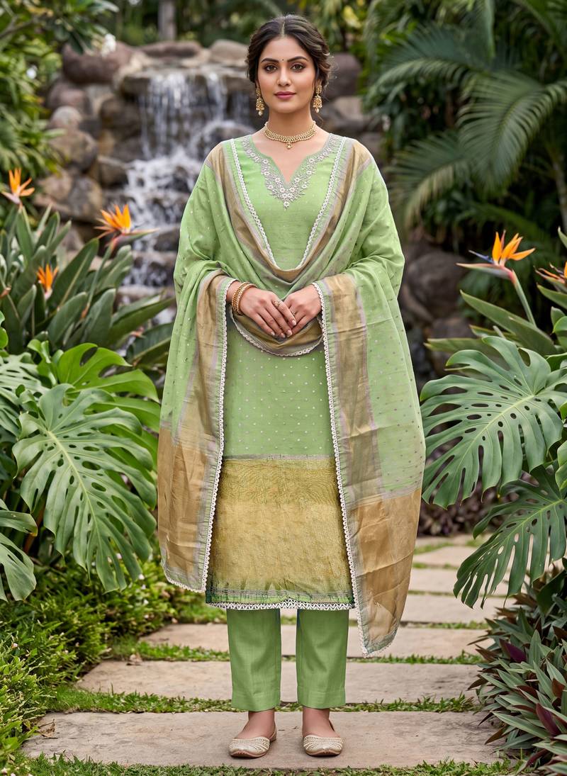 green banarasi cotton smart ceremonial salwar kameez