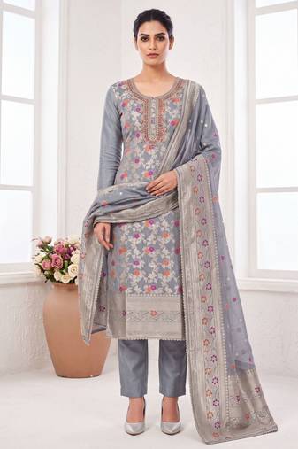 grey banarasi cotton smart ceremonial salwar kameez