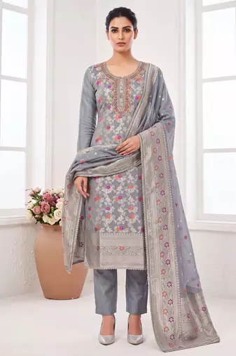 grey banarasi cotton smart ceremonial salwar kameez