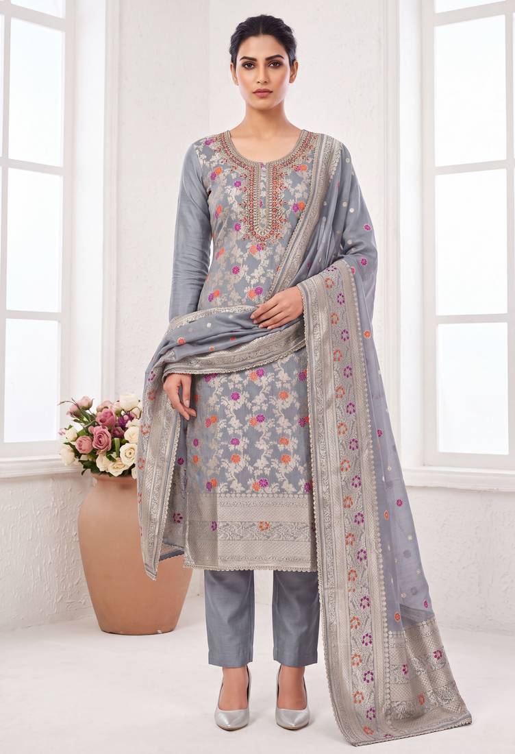 grey banarasi cotton smart ceremonial salwar kameez